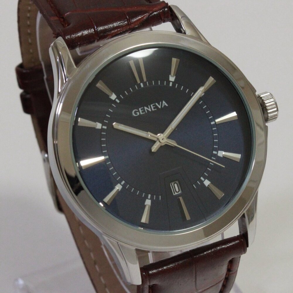Geneva Men's Dress Watch Silver Tone Navy Blue Dial Brown Strap 42mm - Picture 8 of 13
